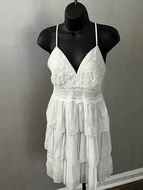 Rebellion /White Crochet Bodice Tiered Spaghetti Strap Mini Dress